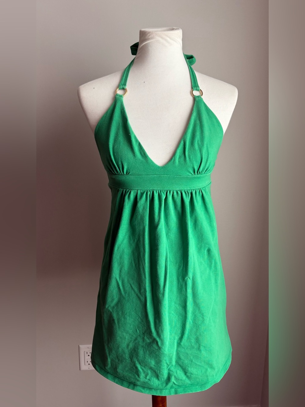 Y2K Moda International Cotton Halter Tunic Mini Dress V-Neckline In Green Size S